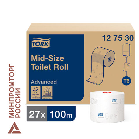 Бумага туалетная 100 м, TORK (Система Т6), комплект 27 шт., Advanced, 2-слойная, белая, 127530