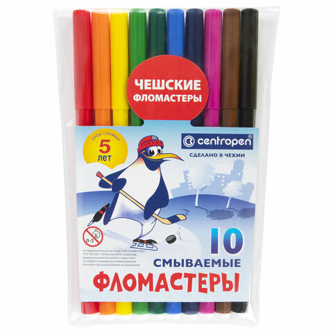 Фломастеры 10 ЦВЕТОВ CENTROPEN "Пингвины", смываемые, вентилируемый колпачок, 7790/10ET