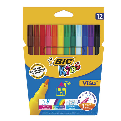 Фломастеры BIC "Kids Visa", 12 ЦВЕТОВ, суперсмываемые, вентилируемый колпачок, европодвес, 889695