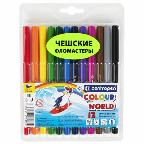 Фломастеры 12 ЦВЕТОВ CENTROPEN "Colour World", круглые, смываемые, 7550/12TP
