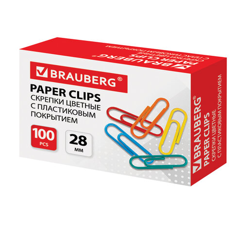 Скрепки BRAUBERG, 28 мм, цветные, 100 шт., в картонной коробке, 220555