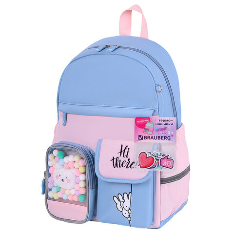Рюкзак BRAUBERG PASTEL с термонашивками в комплекте, "Friendly bunnies", голубой, 40х29х14 см, 271423