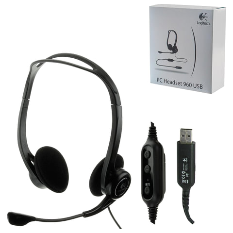 Наушники с микрофоном (гарнитура) LOGITECH PC 960, проводная, компьютерная, 2,4 м, стерео, USB, черная