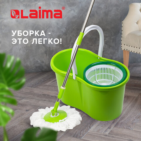 Швабра с отжимом и ведром 7л/5л, отжим центрифуга / рукоятка, 2 круглые насадки, крепление кольцо, синий, LAIMA 603624