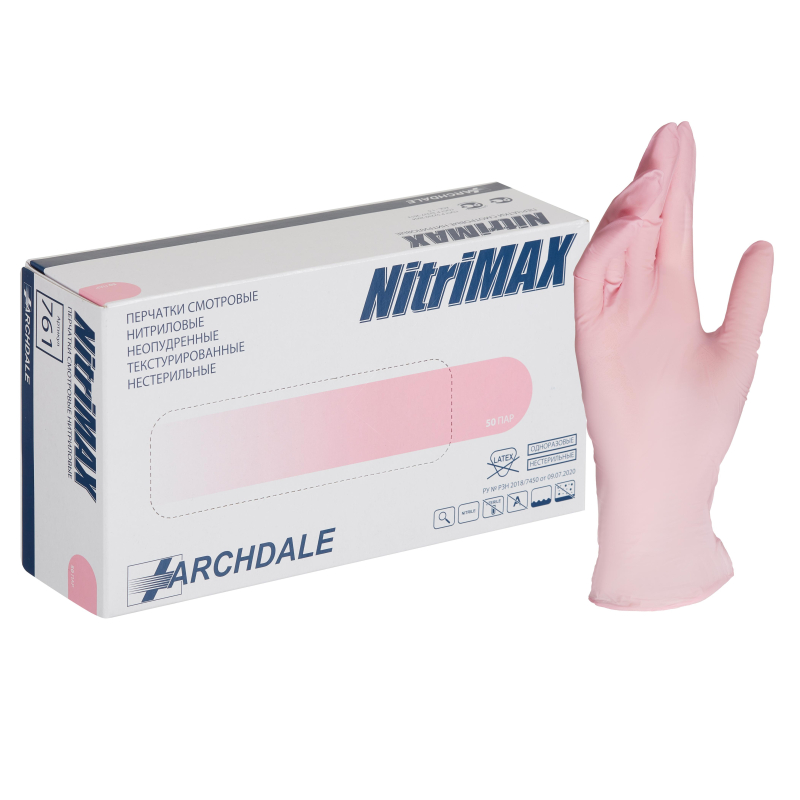 Перчатки нитрил. н/с. н/о текст 761 NitriMax (M) 50 пар/уп розов